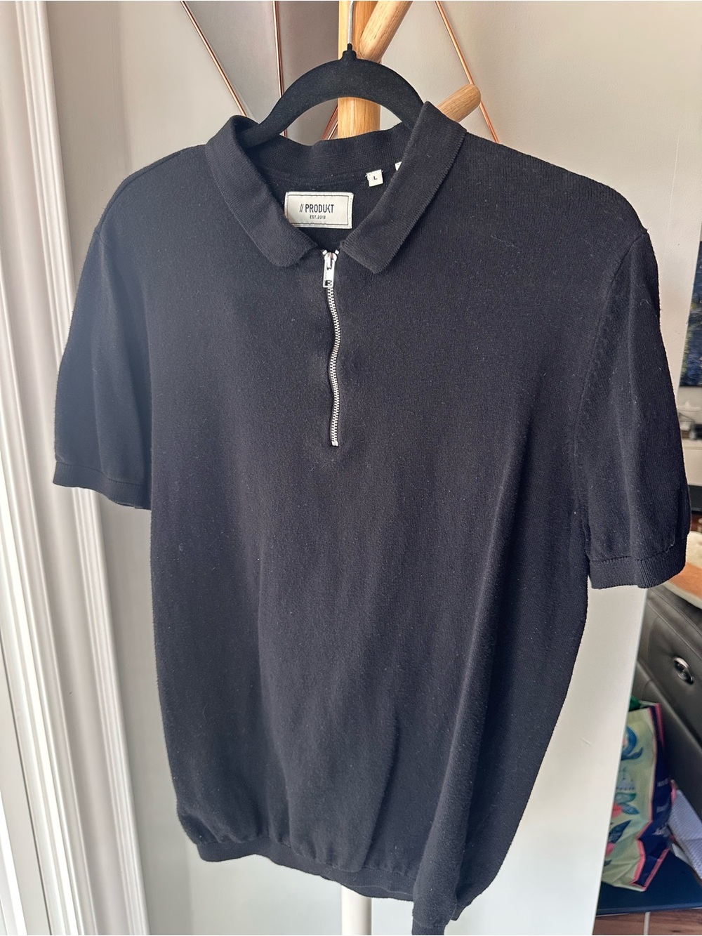 PRODUKT Men's Black Half-Zip Polo Shirt Lightweight Short Sleeve Sweater Large